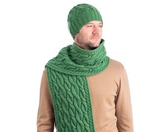 ST Patrick's Gift Set for Men, Aran Fisherman Heavyweight Merino Wool Gift Set,  Irish Merino Cable Knit Scarf & Hat Set, Made in Ireland