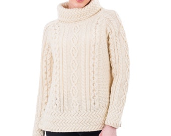 Fisherman Aran Sweater — Vented Roll Neck Collar Ireland Sweater for Women — 100% Merino Wool Jumper — Soft & Warm Pullover — Ribbed Trim