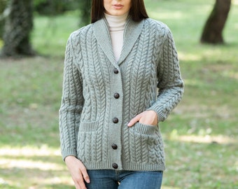 Aran Merino Shawl Neck Cardigan for Ladies,  100% Merino Wool Buttoned V-neck Cardigan Sweater with Pockets for Women, Made in Ireland
