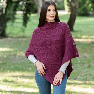 Saol Aran Fisherman Cowl Neck Poncho Shawl, 100% Premium Quality Merino Wool Ruana for Women, Made In Ireland Velvet Red