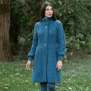 Aran Irish Long Coat for Women —  Celtic Knot Buttons Cable Knit Cardigan — 100% Merino Wool Jacket— Warm & Comfortable — Made in Ireland