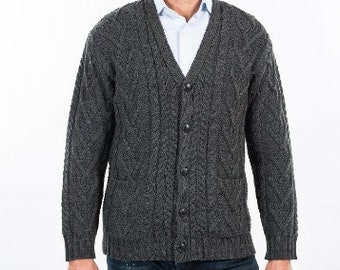 Fisherman Aran Ireland Cardigan with Buttons and Pockets — Men's Aran Cable V Neck Soft & Warm Knit Sweater — 100% Merino Wool Casual Jacket
