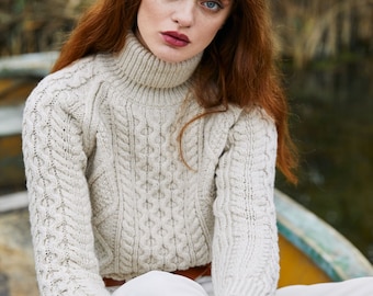 Saol Fisherman Aran Cable Knit Turtle Neck Sweater, Merino Wool Fisherman Jumper for Women, Cable Knit Sweater for Ladies, Made in Ireland