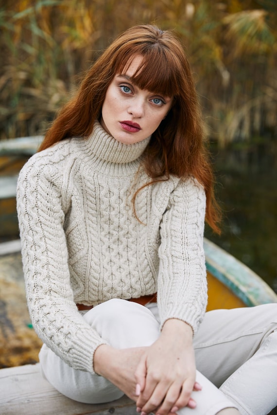 Saol Fisherman Aran Cable Knit Turtle Neck Sweater, Merino Wool Fisherman  Jumper for Women, Cable Knit Sweater for Ladies, Made in Ireland -   Canada