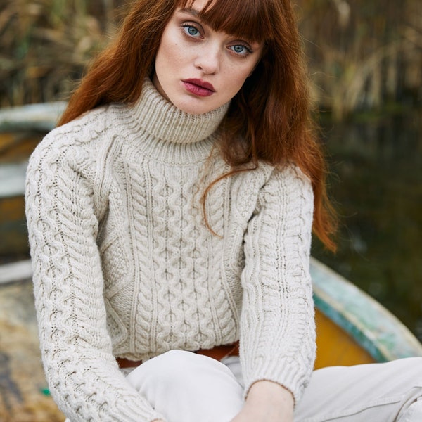 Saol Fisherman Aran Cable Knit Turtle Neck Sweater, Merino Wool Fisherman Jumper for Women, Cable Knit Sweater for Ladies, Made in Ireland
