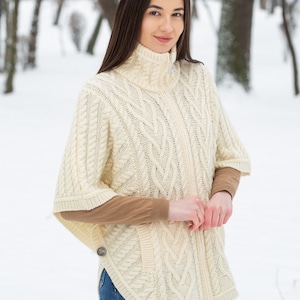 SAOL Aran Funnel Neck Zip Poncho Jacket for Women 100% Merino Wool Cable Knitted Cardigan Poncho Irish Aran Knitting Side Pockets image 8