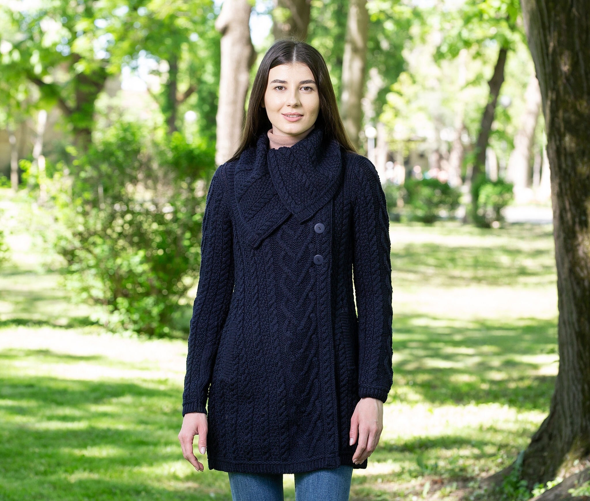 navy cable knit hooded button up swing coat