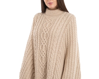 Saol Irish Aran Fisherman Soft Cable Knit Poncho Women, 100% Irish Merino Wool Poncho for Ladies, Turtleneck Wool Poncho, Made in Ireland