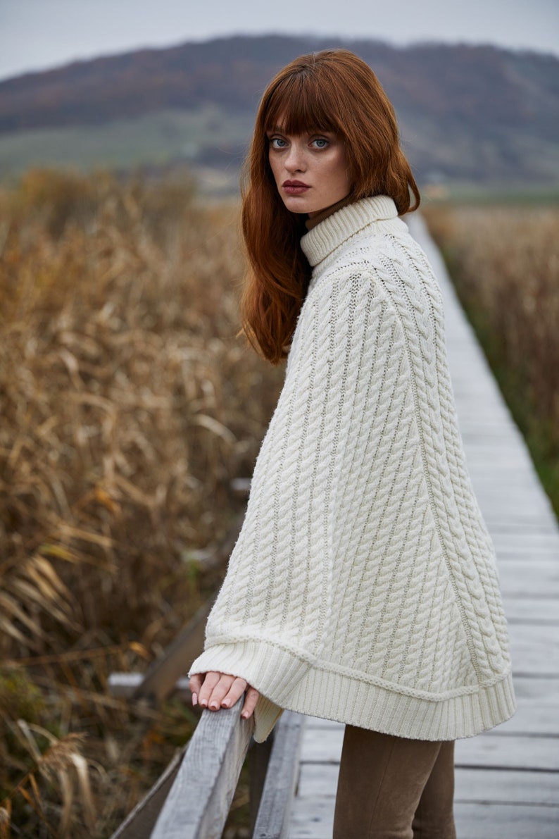 Saol Aran Fisherman Cable Knit Poncho, Turtleneck Merino Wool Poncho, Irish Merino Wool Poncho in White & Wine Color, Made in Ireland Natural White