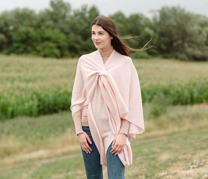 Lightweight Draped Poncho Shawl for Ladies, Women's Lambswool Draped Shawl, Irish Wool Ruana Wrap, Made in Ireland Soft Pink