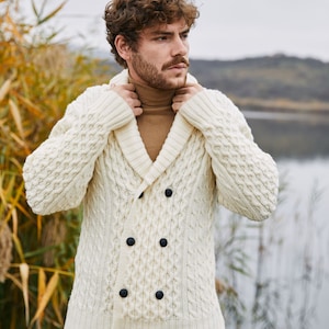 Irish Aran Fisherman Breasted Jacket Cardigan, 100% Merino Wool Cable Knit Heavyweight Sweater Cardigan, Shawl V-neck Collar Cardigan Men image 6