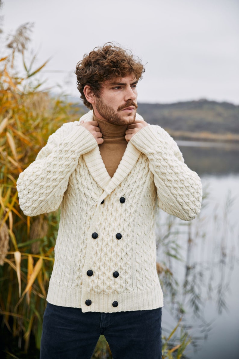 Irish Aran Fisherman Breasted Jacket Cardigan, 100% Merino Wool Cable Knit Heavyweight Sweater Cardigan, Shawl V-neck Collar Cardigan Men image 6