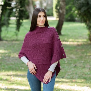 Saol Aran Traditional Cable Knit Cowl Neck Poncho, 100% Premium Quality Merino Wool Shawl, Fisherman Poncho For Women, Made In Ireland image 10