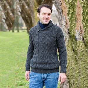 Irish Aran Sweater 100% Merino Wool Sweater Men's Shawl Collar Cable Knit Ireland Pullover: Soft & Warm Jumper Pockets, Single Button image 4