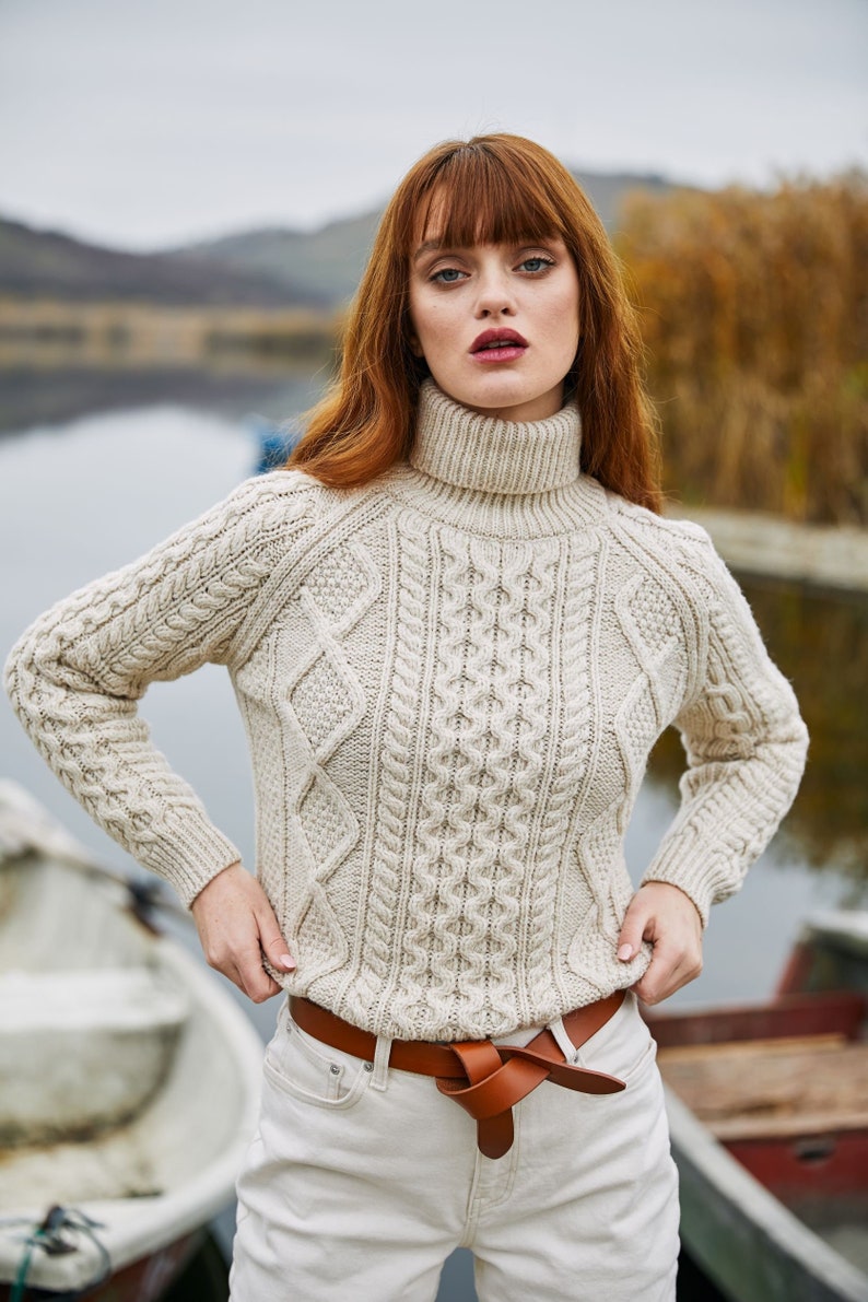 Saol Fisherman Aran Cable Knit Turtle Neck Sweater, Merino Wool Fisherman Jumper for Women, Cable Knit Sweater for Ladies, Made in Ireland image 2