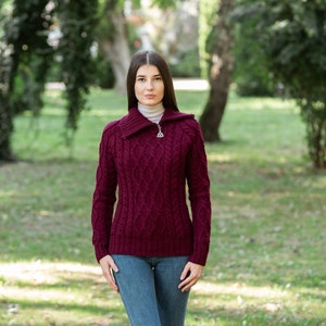 SAOL Irish Aran Traditional Half Zipper Neck Sweater for Women, Fisherman Turtleneck Zipped Jumper for Women, 100% Merino Wool Sweater image 3