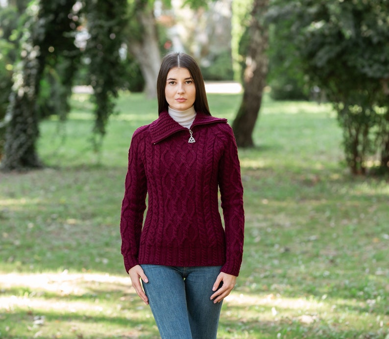 SAOL Irish Aran Traditional Half Zipper Neck Sweater for Women, Fisherman Turtleneck Zipped Jumper for Women, 100% Merino Wool Sweater Wine