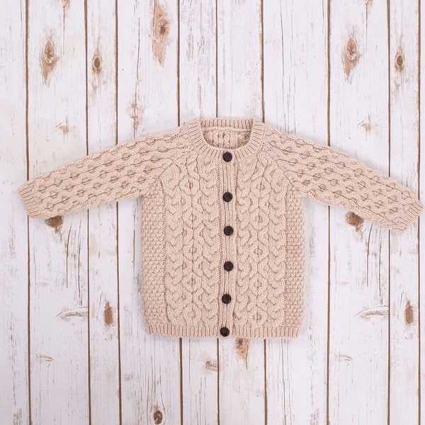 SAOL Aran Fisherman Merino Kids Cardigan, 100% Merino Wool Cable Knit Cardigan, Buttonned Crew Neck Cardigan for babies, Made in Ireland