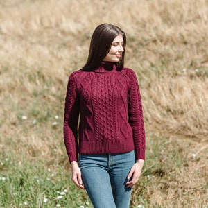 Saol Fisherman Aran Cable Knit Turtle Neck Sweater, Merino Wool Fisherman Jumper for Women, Cable Knit Sweater for Ladies, Made in Ireland Wine