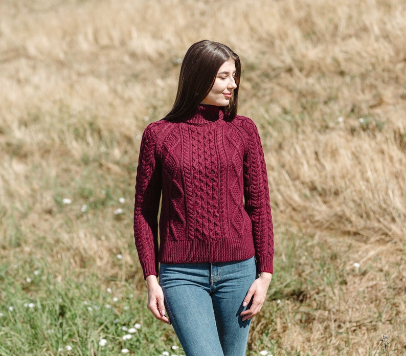 Saol Fisherman Aran Cable Knit Turtle Neck Sweater, Merino Wool Fisherman Jumper for Women, Cable Knit Sweater for Ladies, Made in Ireland Wine