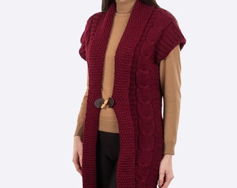 Fisherman Sleeveless Shawl Collar Cardigan Sweater for Women, Traditional Buttoned Cardigan Cable Knit Shawl, Made in Ireland