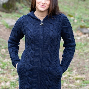 Aran Fisherman Women's Hooded Zip Ireland Cardigan: 100% Merino Wool Cable Rope & Braid Design Irish Soft, Warm Coat Winter/Fall image 9