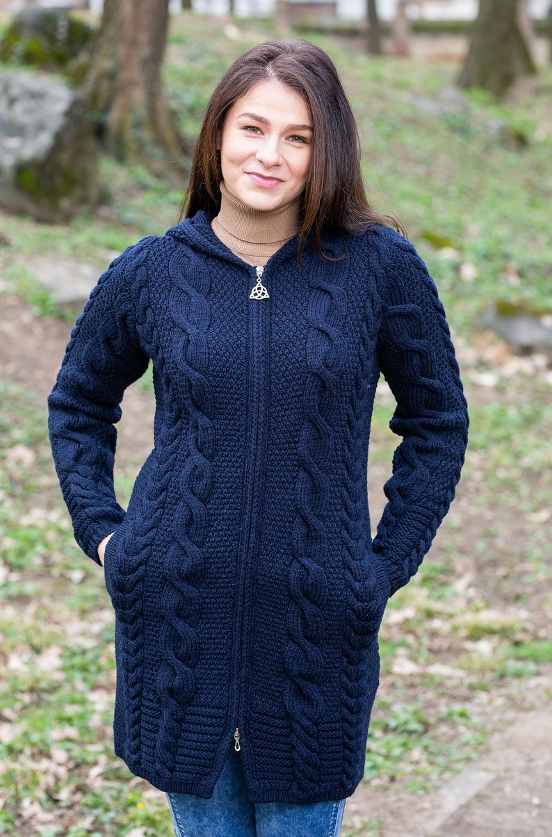 Aran Fisherman Women's Hooded Zip Ireland Cardigan: 100% Merino Wool Cable Rope & Braid Design Irish Soft, Warm Coat Winter/Fall image 9