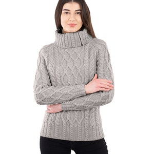 Irish Aran Cable Knit Sweater for Ladies, Fisherman Traditional Turtleneck Half Zipped Jumper for Women, 100% Irish Merino Wool Sweater image 2