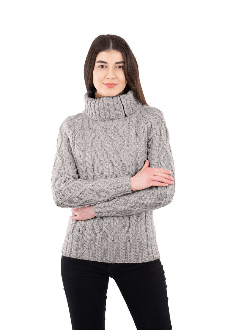 Irish Aran Cable Knit Sweater for Ladies, Fisherman Traditional Turtleneck Half Zipped Jumper for Women, 100% Irish Merino Wool Sweater image 2