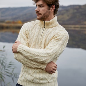 Saol Aran Fisherman Cable Knit Winter Ireland Sweater: 100% Premium Merino Wool Half Zipped Jumper - Soft & Warm Knitted Pullover