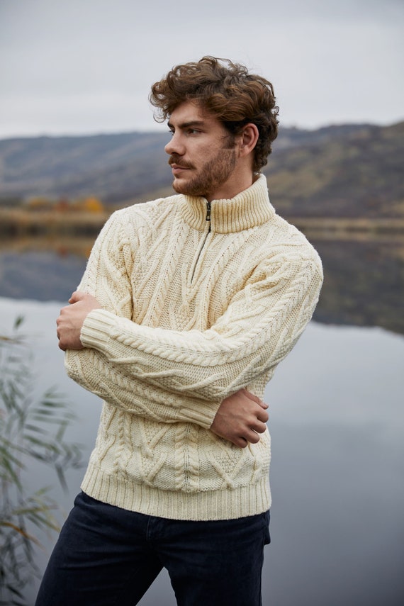 Saol Aran Fisherman Cable Knit Winter Ireland Sweater: 100% Premium Merino Wool Half Zipped Jumper - Soft & Warm Knitted Pullover