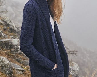 Fisherman Aran Classic Fit Long Ireland Cardigan w/ Pockets and Hood — 100% Merino Wool Jacket — Soft & Warm Knit Coatigan