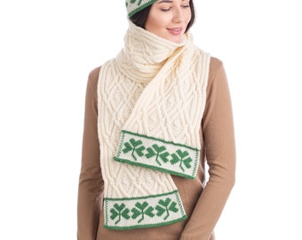 Irish Shamrock Wool Scarf for Women — 100% Merino Wool Muffler — Exceptionally Soft and Super Warm Shawl — Aran Knitting — St. Patrick’s Day