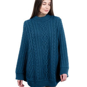 Saol Aran Fisherman Cable Knit Poncho, Turtleneck Merino Wool Poncho, Irish Merino Wool Poncho in White & Wine Color, Made in Ireland Teal