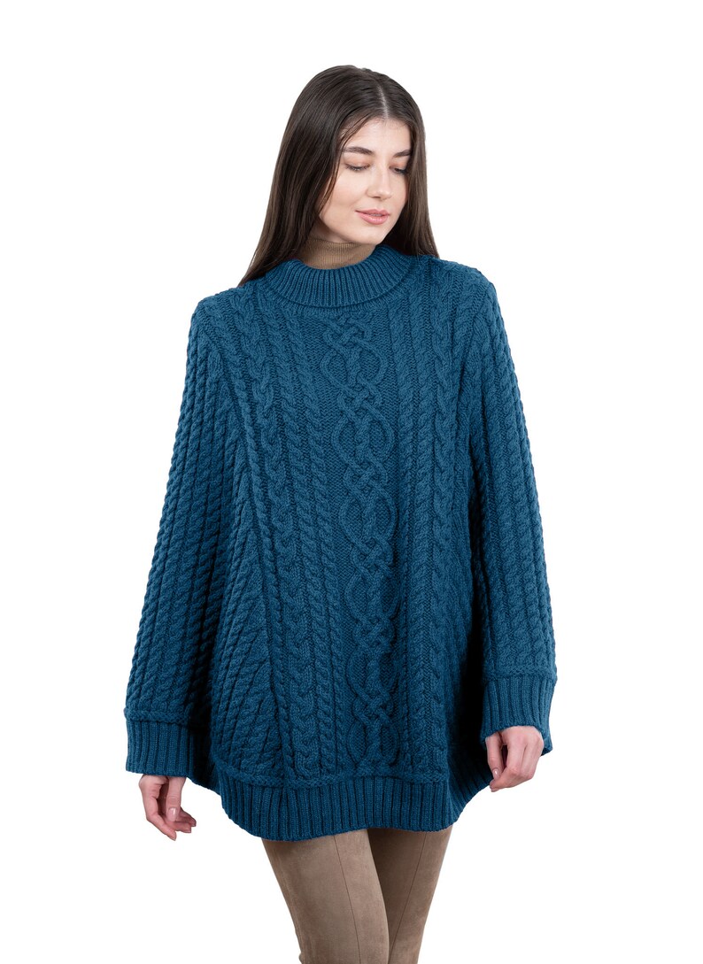 Saol Aran Fisherman Cable Knit Poncho, Turtleneck Merino Wool Poncho, Irish Merino Wool Poncho in White & Wine Color, Made in Ireland Teal