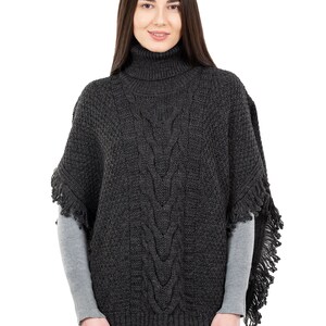 Fisherman Aran Cowl Neck Wool Knit Cape for Women: 100% Merino Wool Beautiful, Soft, Warm, & Durable Poncho Irish Knitting One Size Charcoal