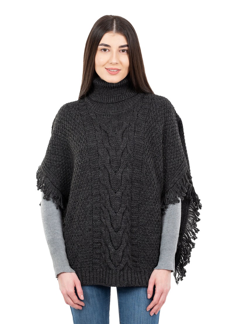 Fisherman Aran Cowl Neck Wool Knit Cape for Women: 100% Merino Wool Beautiful, Soft, Warm, & Durable Poncho Irish Knitting One Size Charcoal