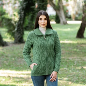 Aran Cable Knit Bomber Jacket, 100% Merino Cable Knit Cardigan Sweater for Women, Made in Ireland Green