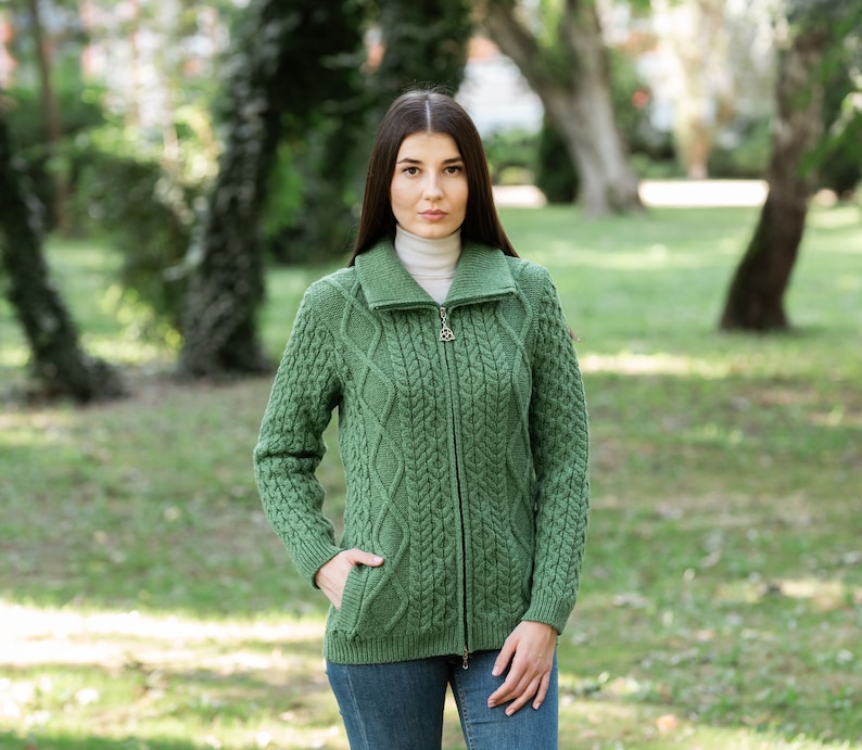 Aran Cable Knit Bomber Jacket, 100% Merino Cable Knit Cardigan Sweater for Women, Made in Ireland Green