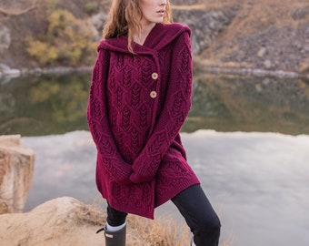 Irish Traditional Aran Leaf Cardigan for Ladies, Double Breasted Buttoned Cardigan with Hood Lady, 100% Pure Merino Wool Coat Cardigan