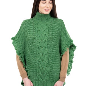 Fisherman Aran Cowl Neck Wool Knit Cape for Women: 100% Merino Wool Beautiful, Soft, Warm, & Durable Poncho Irish Knitting One Size Green