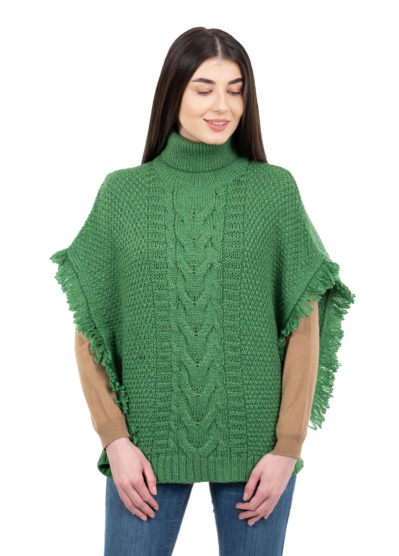 Fisherman Aran Cowl Neck Wool Knit Cape for Women: 100% Merino Wool Beautiful, Soft, Warm, & Durable Poncho Irish Knitting One Size Green