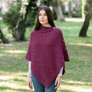 Fisherman Aran Cable Knit Cowl Neck Poncho for Ladies, Merino Wool Cable Knit Shawl for Women in Four Color Option, Made In Ireland Velvet Red