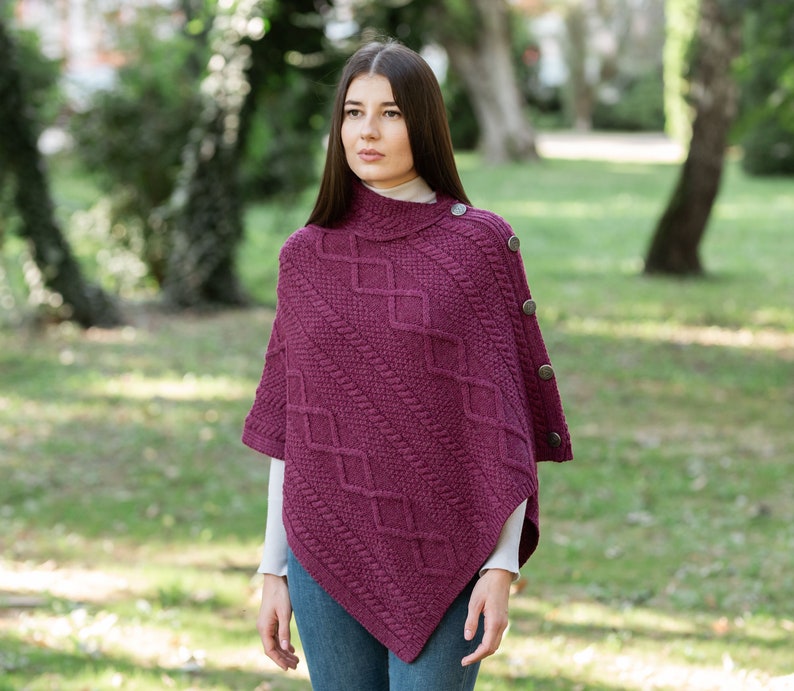 Fisherman Aran Cable Knit Cowl Neck Poncho for Ladies, Merino Wool Cable Knit Shawl for Women in Four Color Option, Made In Ireland Velvet Red