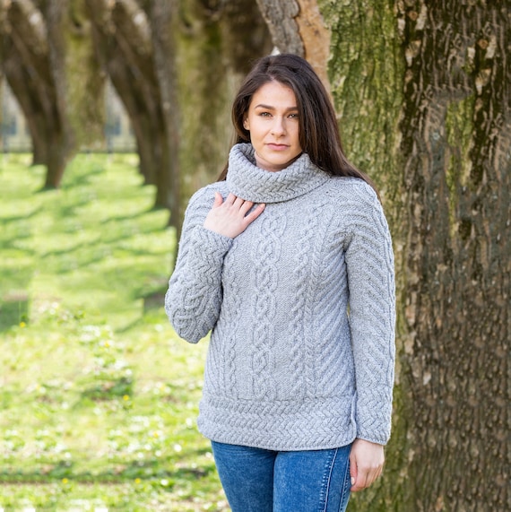 Aran Fisherman Roll Neck Collar Sweater for Lady -- 100% Merino Wool Jumper -- Soft, Breathable & Warm Pullover -- Irish Aran Knit| Ribbed Trim