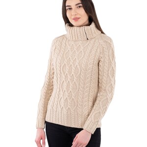 SAOL Irish Aran Traditional Half Zipper Neck Sweater for Women, Fisherman Turtleneck Zipped Jumper for Women, 100% Merino Wool Sweater Parsnip