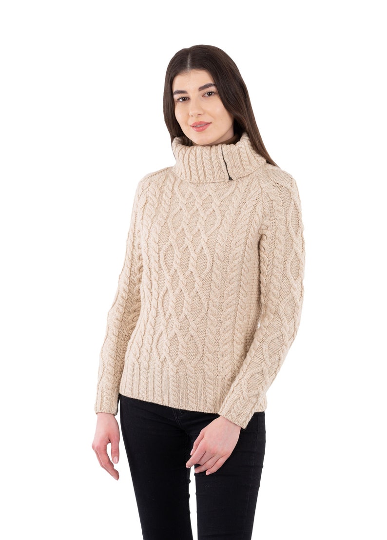 SAOL Irish Aran Traditional Half Zipper Neck Sweater for Women, Fisherman Turtleneck Zipped Jumper for Women, 100% Merino Wool Sweater Parsnip