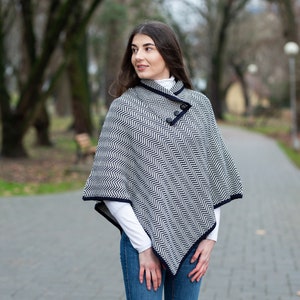 Saol Irish Aran Wool Poncho, Herringbone Poncho Shawl for Ladies, Merino Wool Blend Cape, Knitted Poncho Button Closure, Made in Ireland image 7