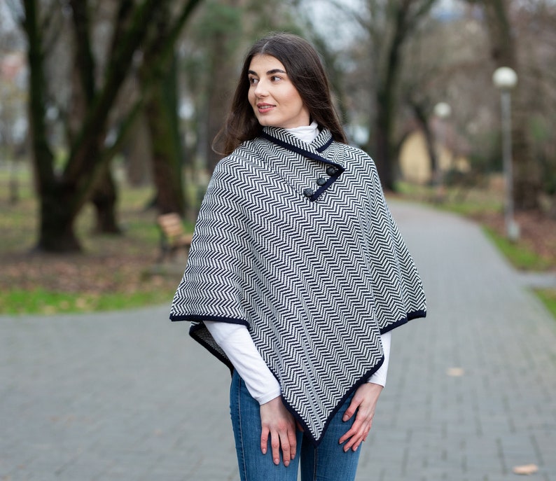 Saol Irish Aran Wool Poncho, Herringbone Poncho Shawl for Ladies, Merino Wool Blend Cape, Knitted Poncho Button Closure, Made in Ireland image 7