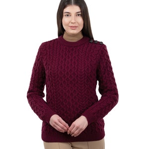 Aran Fisherman Irish Side Button Sweater Jumper, 100% Merino Wool Cable Knit Sweater, Crew Neck Traditional Sweater for Women in Four Colors Wine